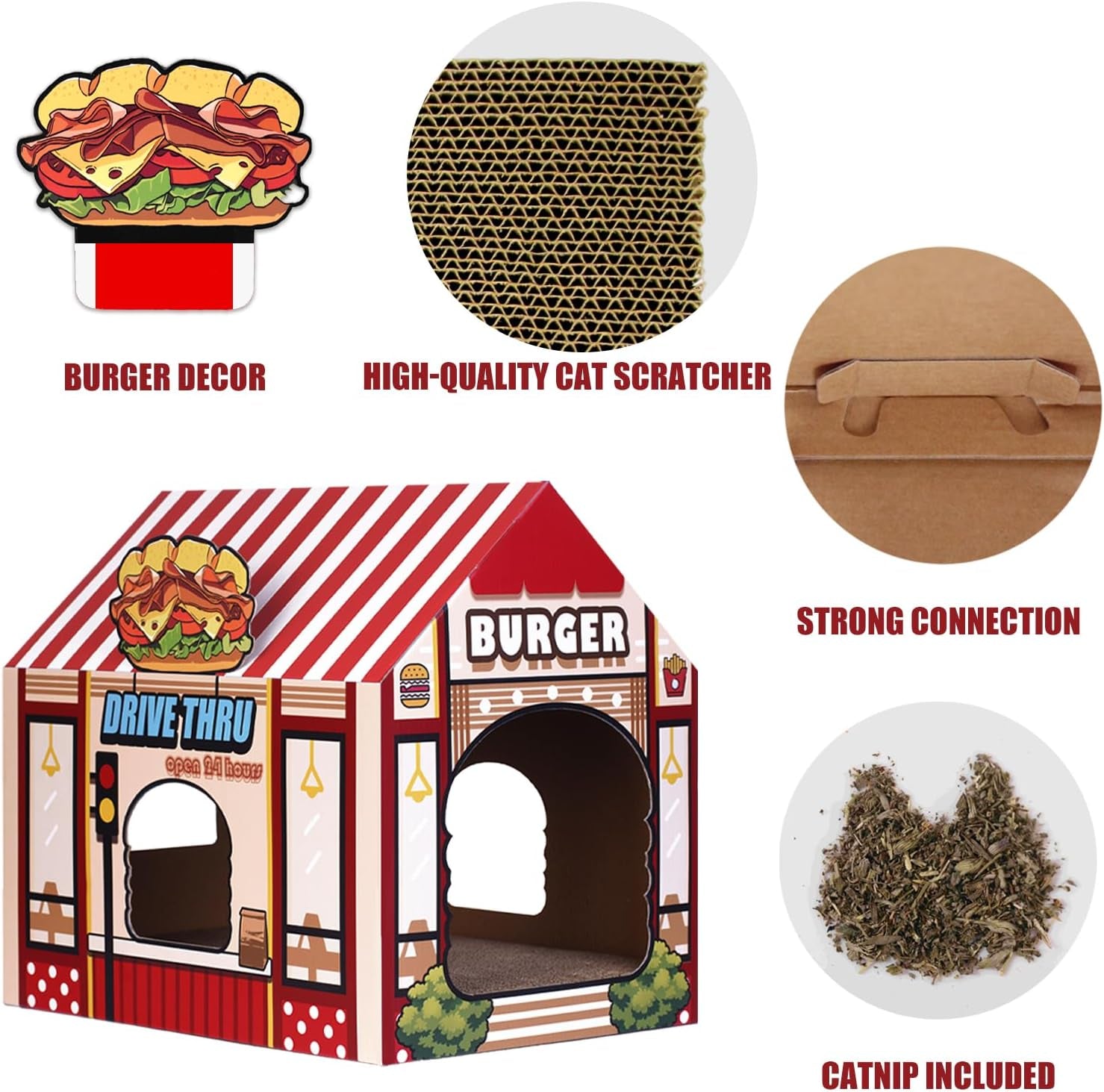 Cardboard Cat House with Scratcher/Catnip, (16.5''X12''X15'') Burger Shop for Indoor/Outdoor Cats, Cat Play House&Home Decor, Cat Scratch Toy, Hideout for Bunny&Small Animals