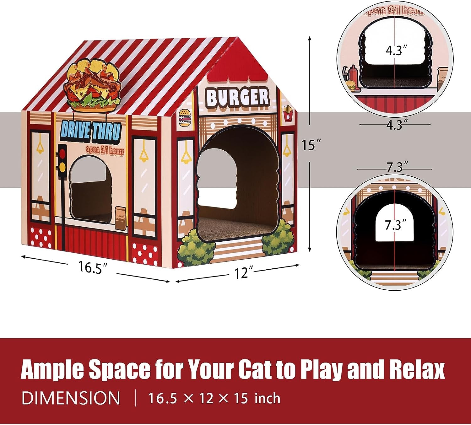 Cardboard Cat House with Scratcher/Catnip, (16.5''X12''X15'') Burger Shop for Indoor/Outdoor Cats, Cat Play House&Home Decor, Cat Scratch Toy, Hideout for Bunny&Small Animals